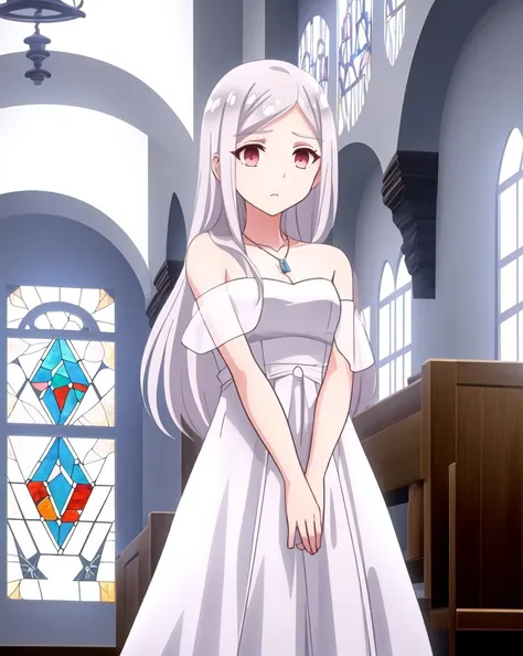 Misha, solo, 1girl,   beautiful eyes, white wedding dress, roof, [screenshots::0.6], church, necklace, stained glass, windows , sideburns
<lora:wataoshi_ep01_lohad8_attn-mlp-step00030000:1>