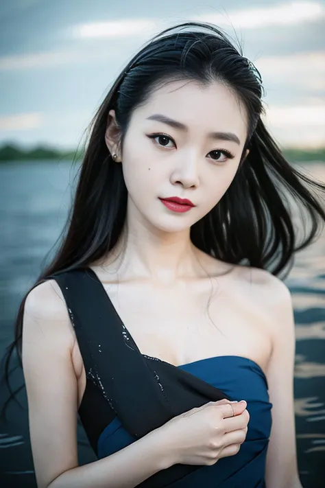 songyi, chineseidol, 1girl, solo,flat chest, (night:1.4), standing in the middle of water, wet blue dress, upper body, dark sky,
<lora:songyiV28:0.75>