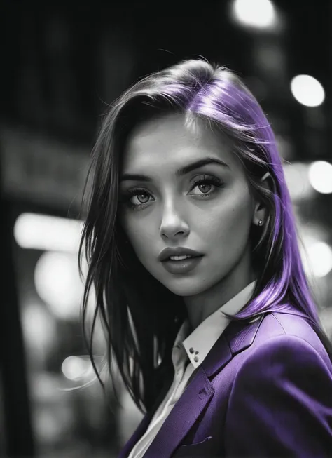 candid RAW close up portrait photo of sks woman in a (purple colored suit:1.0) on a dark street with shopping windows (at night:1.2), bokeh, Ilford Delta 3200 film, dof, high definition, detailed, intricate, flashlight, <lora:locon_bogini_v1_from_v1_64_32:1>