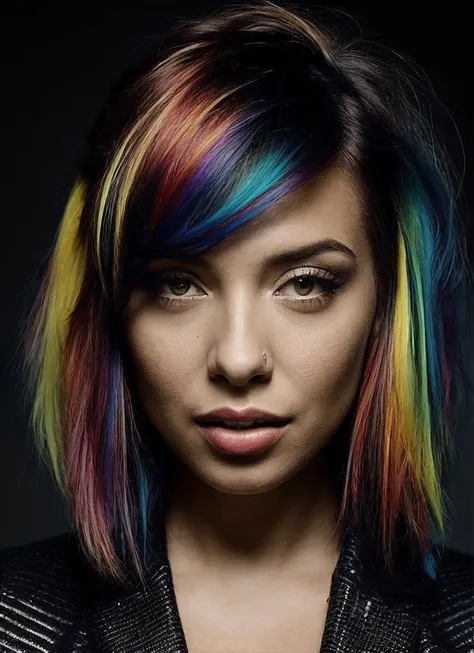 portrait of sks woman by Flora Borsi, style by Flora Borsi, bold, bright colours, rainbow Mohawk haircut, ((Flora Borsi)), <lora:locon_bogini_v1_from_v1_64_32:1>