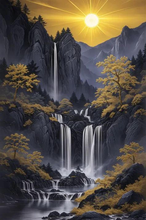 Masterpiece,HD,16k,Lake,waterfall,Sun,rock,texture,mountain,<lora:Blues:0.3>,<lora:Blue}+lNge:0.4>,