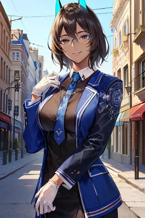 ((masterpiece)), ((best quality)), (ultra-detailed), absurdres, extremely detailed CG unity 8k wallpaper, Official Art, Accurate describe shapes, (realistic), detailed hands, expressive eyes, upper body, close-up, solo, (city, scenery, dramatic light, illustration:1.1), (standing, arm at side, smile:1.2), (1girl, mature female, large breasts, black hair, short hair, black eyes, dark-skinned male:1.4), (blue jacket, long sleeves, black sleeves, collar, white gloves, blue horns, short horns, blue necktie, glasses, arjuna alter - costume \(fate\):1.3), , ((masterpiece)), absurdres, HDR, arjuna alter (fate)   <lyco:GoodHands-beta2:1.0> <lora:epi_noiseoffset2:0.7>  <lora:ArjunaAlter-10:0.7>