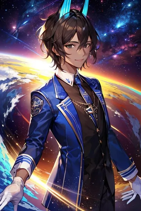 ((masterpiece)), ((best quality)), (ultra-detailed), absurdres, extremely detailed CG unity 8k wallpaper, Official Art, Accurate describe shapes, (realistic), detailed hands, expressive eyes, upper body, close-up, solo, (space, universe, star, scenery, dramatic light, illustration:1.1), (floating, arm at side, smile:1.2), (1boy, mature male, black hair, short hair, black eyes, dark-skinned male:1.4), (blue jacket, long sleeves, black sleeves, collar, white gloves, blue horns, short horns, arjuna alter - costume \(fate\):1.3), , ((masterpiece)), absurdres, HDR, arjuna alter (fate) <lyco:GoodHands-beta2:1.0> <lora:epi_noiseoffset2:0.7> <lora:ArjunaAlter-10:0.7>