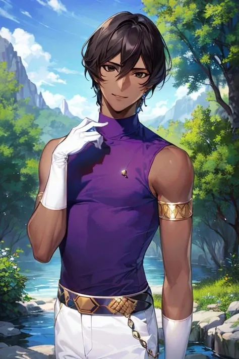 ((masterpiece)), ((best quality)), (ultra-detailed), absurdres, extremely detailed CG unity 8k wallpaper, Official Art, Accurate describe shapes, (realistic), detailed hands, expressive eyes, upper body, close-up, solo, (forest, scenery, dramatic light, illustration:1.1), (standing, arm at side, smile1.2), (1boy, mature male, black hair, short hair, black eyes, dark-skinned male,:1.4), (purple shirt, sleeveless, white pants, white gloves, armlet, jewelry, Ajurna - first ascen:1.3), , ((masterpiece)), absurdres, HDR, arjuna (fate) <lyco:GoodHands-beta2:1.0> <lora:epi_noiseoffset2:0.7> <lora:Arjuna-04:0.7>