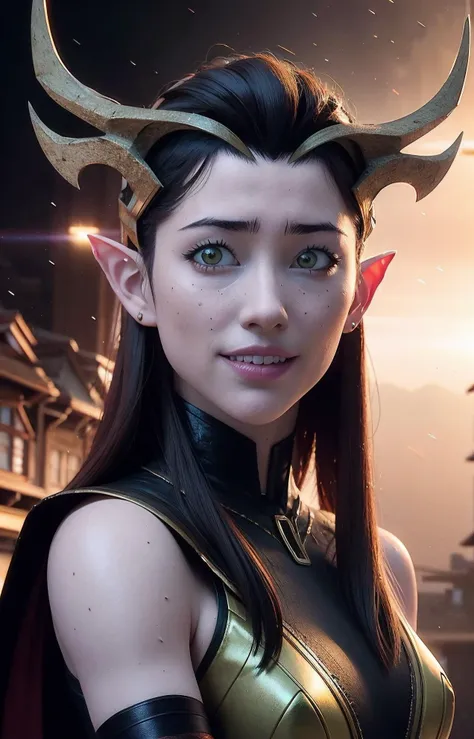 (looking at viewer:1.2), front view, Best quality, masterpiece, ultra high res, digital painting, trending on Artstation, by Artgerm, ultra detailed face, 1girl, keyleth, slender petite body, half body shot, smile, closed mouth, graceful pose, rim light, soft light, in the dark, deep shadow, low key, knee-high heels, stockings, transparent cape, fire magic staff, in medieval village