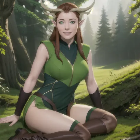 (1girl) <lora:keyleth:.7> (keyleth) wearing a green outfit, masterpiece, best quality, ((saturated colors)) <hypernet:enormousBreasts_v10:.5> large breasts, wearing high-heeled boots, smiling with teeth, realistic detailed skin, perfect face, perfect eyes, sharp focus, fantasy forest background