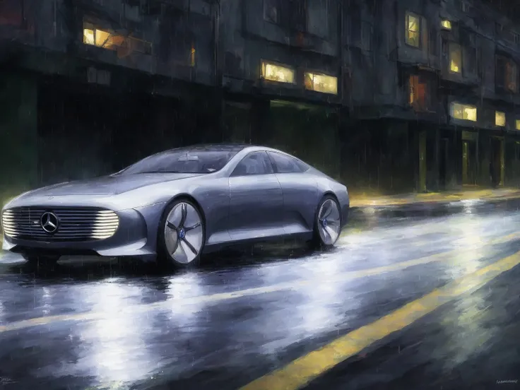 masterpiece, best quality, mercedesiaa, 1car, night, rainy, highly detailed <lora:MERCEDESIAA:0.7>, Arcane Style, Borderlands style, Telltale Games style, Oil painting, Simple colors, low detail, Vivid colors, Defined lines, defined edges, Digital art, Cartoon look, Cartoon style, Sharp shadows, Dark