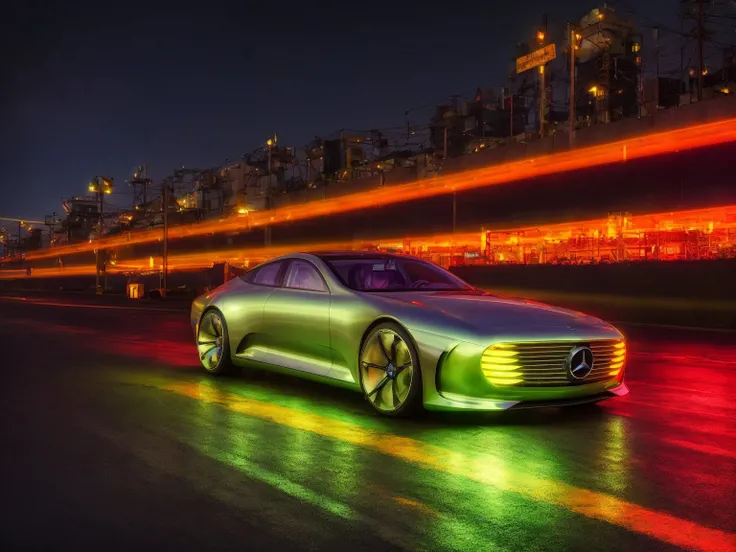 masterpiece, best quality, mercedesiaa, 1car, neon lights, cyberpank city, highly detailed <lora:MERCEDESIAA:0.7>, slate atmosphere, cinematic, dimmed colors, dark shot, muted colors, film grainy, lut, spooky