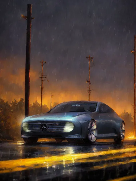 masterpiece, best quality, mercedesiaa, 1car, night, rainy, highly detailed <lora:MERCEDESIAA:0.7>, Arcane Style, Borderlands style, Telltale Games style, Oil painting, Simple colors, low detail, Vivid colors, Defined lines, defined edges, Digital art, Cartoon look, Cartoon style, Sharp shadows, Dark