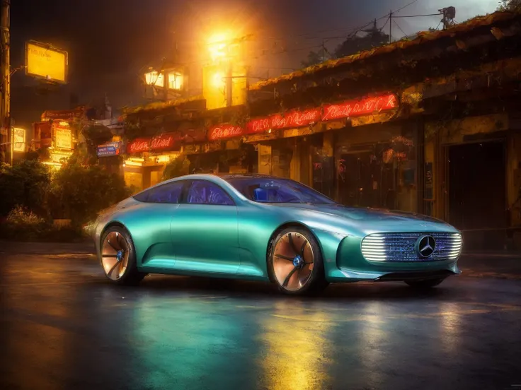 masterpiece, best quality, mercedesiaa, 1car,  neon lights, cyberpank city,  highly detailed <lora:MERCEDESIAA:0.7>, (dark shot:1.17), epic realistic, faded, ((neutral colors)), art, (hdr:1.5), (muted colors:1.2), hyperdetailed, (artstation:1.5), cinematic, warm lights, dramatic light, (intricate details:1.1), complex background, (rutkowski:0.8), (teal and orange:0.4), Details, ((intricate details)), hdr, ((intricate details, hyperdetailed))