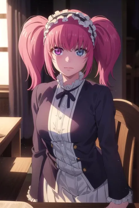 erimimushibami, <lora:erimi mushibami s2-lora-nochekaiser:1>,
erimi mushibami, long hair, blue eyes, twintails, pink hair, (pink eyes:1.3), (heterochromia:1.5),
BREAK hairband, gothic, hairband,
BREAK indoors, classroom,
BREAK looking at viewer, (cowboy shot:1.5),
BREAK <lyco:GoodHands-beta2:1>, (masterpiece:1.2), best quality, high resolution, unity 8k wallpaper, (illustration:0.8), (beautiful detailed eyes:1.6), extremely detailed face, perfect lighting, extremely detailed CG, (perfect hands, perfect anatomy),