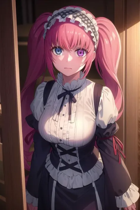 erimimushibami, <lora:erimi mushibami s2-lora-nochekaiser:1>,
erimi mushibami, long hair, blue eyes, twintails, pink hair, (pink eyes:1.3), (heterochromia:1.5),
BREAK hairband, gothic, hairband,
BREAK indoors, classroom,
BREAK looking at viewer, (cowboy shot:1.5),
BREAK <lyco:GoodHands-beta2:1>, (masterpiece:1.2), best quality, high resolution, unity 8k wallpaper, (illustration:0.8), (beautiful detailed eyes:1.6), extremely detailed face, perfect lighting, extremely detailed CG, (perfect hands, perfect anatomy),