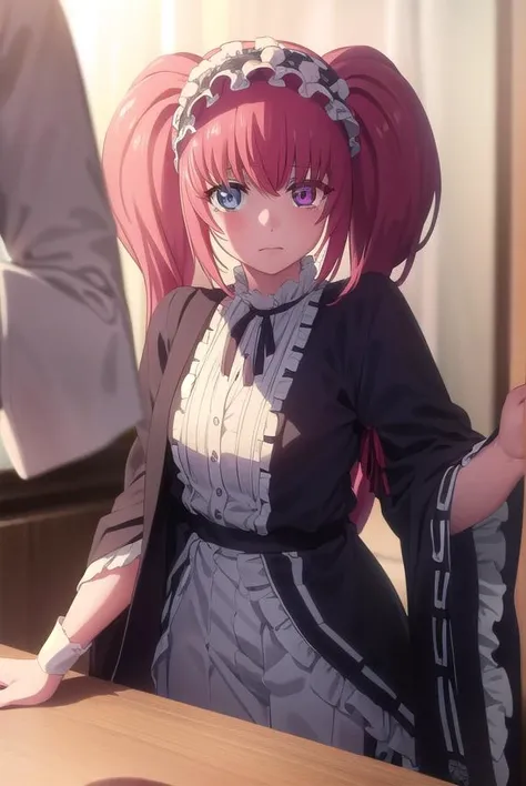 erimimushibami, <lora:erimi mushibami s2-lora-nochekaiser:1>,
erimi mushibami, long hair, blue eyes, twintails, pink hair, (pink eyes:1.3), (heterochromia:1.5),
BREAK hairband, gothic, hairband,
BREAK indoors, classroom,
BREAK looking at viewer, (cowboy shot:1.5),
BREAK <lyco:GoodHands-beta2:1>, (masterpiece:1.2), best quality, high resolution, unity 8k wallpaper, (illustration:0.8), (beautiful detailed eyes:1.6), extremely detailed face, perfect lighting, extremely detailed CG, (perfect hands, perfect anatomy),