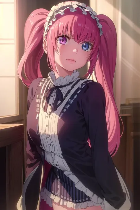 erimimushibami, <lora:erimi mushibami s2-lora-nochekaiser:1>,
erimi mushibami, long hair, blue eyes, twintails, pink hair, (pink eyes:1.3), (heterochromia:1.5),
BREAK hairband, gothic, hairband,
BREAK indoors, classroom,
BREAK looking at viewer, (cowboy shot:1.5),
BREAK <lyco:GoodHands-beta2:1>, (masterpiece:1.2), best quality, high resolution, unity 8k wallpaper, (illustration:0.8), (beautiful detailed eyes:1.6), extremely detailed face, perfect lighting, extremely detailed CG, (perfect hands, perfect anatomy),