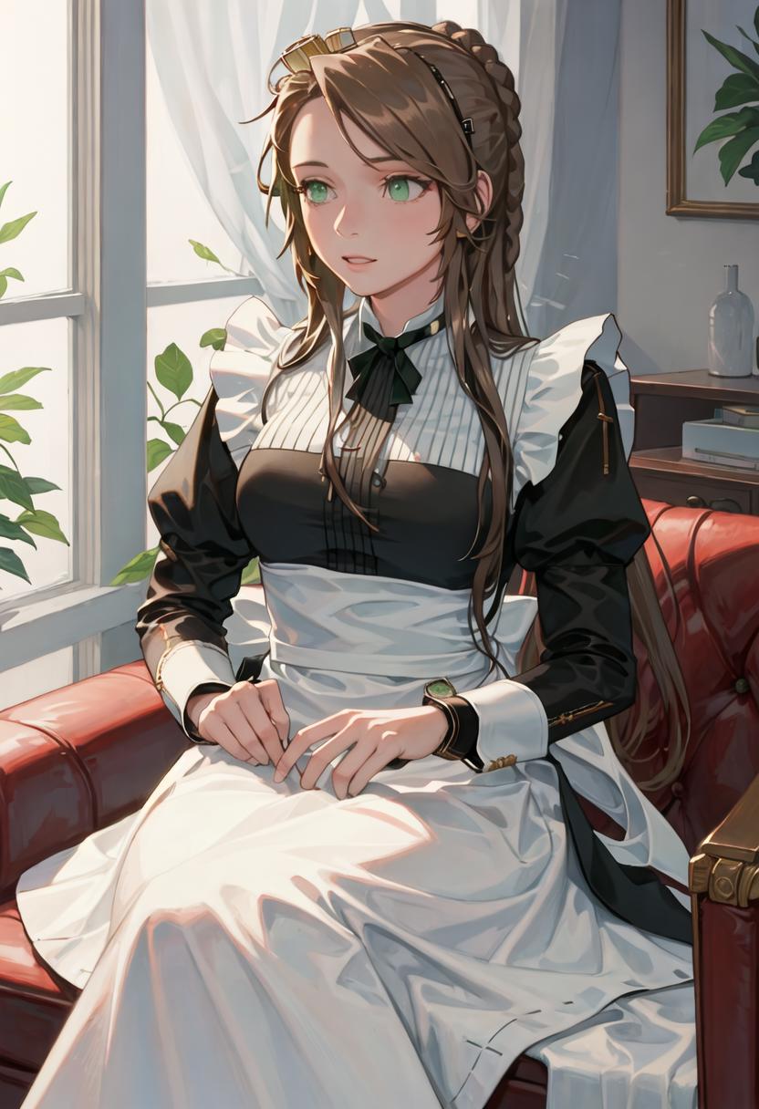 Anime girl sitting on a red couch in a room with a window - SeaArt AI