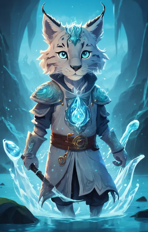 torso shot of a cute lynx kid character portrait, (hogwarts theme:1.1), (glowing eyes:1.05), elemental water sorcerer, surrounded by swirling water, water floating, fantasy hydromancer clothes, mystical glowing, water, drops of water, vapor, lake in background, blue tones, bright lighting, ethereal atmosphere, <lora:COOLKIDS_XL_0.3_RC:0.7>