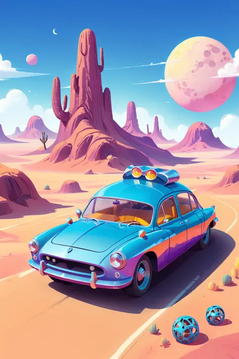side view of a road trip on a vintage futuristic car on a desert road, <lora:COOLKIDS_XL_0.3_RC:1> , year 1980 anime style, art illustration, smooth edges, colorful, whimsical colours, soft pastel hues, melting textures, erik moua's lyrical dreamscape aesthetics, rich details, mystical lighting, tranquil otherworldly atmosphere, unique vibrant fantasy illustration, trending on artstation, digital art masterpiece