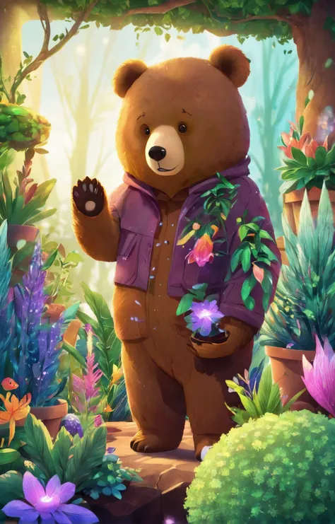 extreme face close-up of a cute bear character focus on character, portrait, looking down, ( theme:1.1), botanical scientist, planters, potted plants, greenery, magical plants, colorful plants, glowing plants, floating plants, elemental magic, research, botanical garden in background, sunshine, magical atmosphere, <lora:COOLKIDS_XL_0.3_RC:0.7>
