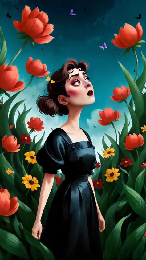 field of flowers, Hyperrealistic 3D, Caravaggio Dark Chiaroscuro, Stanley Kubrick Surreal Cinematography, Helmut Newton Dramatic Storytelling, Banksy Subversive Edges, El Greco Mystic Atmosphere, <lora:COOLKIDS_XL_0.3_RC:1>