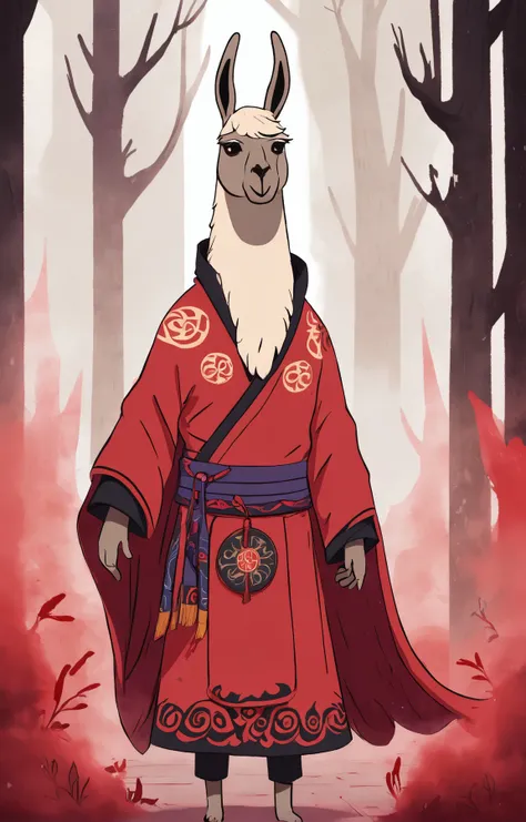 medium shot of a cute llama character looking at viewer, (imperial chinese theme:1.1), blood red eyes, pale complexion, blood sorcerer, crimson aristocratic robes, cape, dynamic movement, bloodthirsty, scarlet arcane runes swirling in the air, crimson color scheme, stream of blood, (thorny flowers:0.7), in background, scarlet fog, darkness, symmetrical composition, epic atmosphere, <lora:COOLKIDS_XL_0.3_RC:0.7>