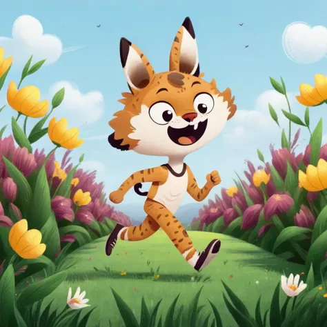a Bobcat kid character running in flower field <lora:COOLKIDS_XL_0.3_RC:1.0>