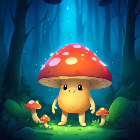 a cute mushroom character with arms and legs in a magical forest at night, (raining:1.4), looking up, lush, fireflies <lora:COOLKIDS_XL_0.3_RC:1>