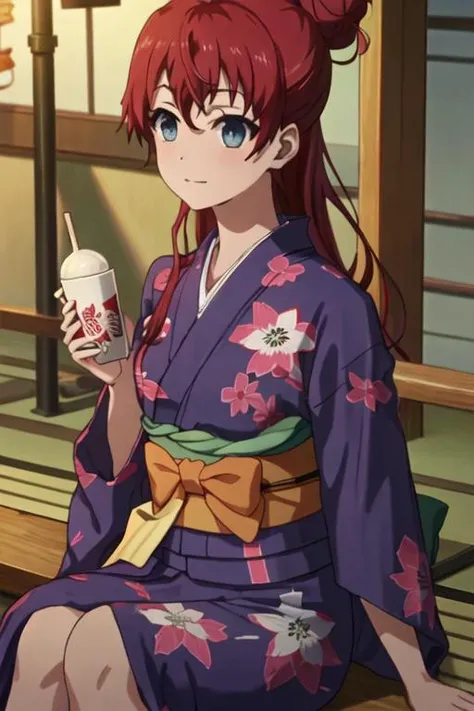 best quality, masterpiece, highres, solo, {yukata:1.40}, {kimono:1.20}, {sakaki_shizuka_shirobako:1.15}, red_hair, long_hair, single_hair_bun, blue_eyes, hair_bun