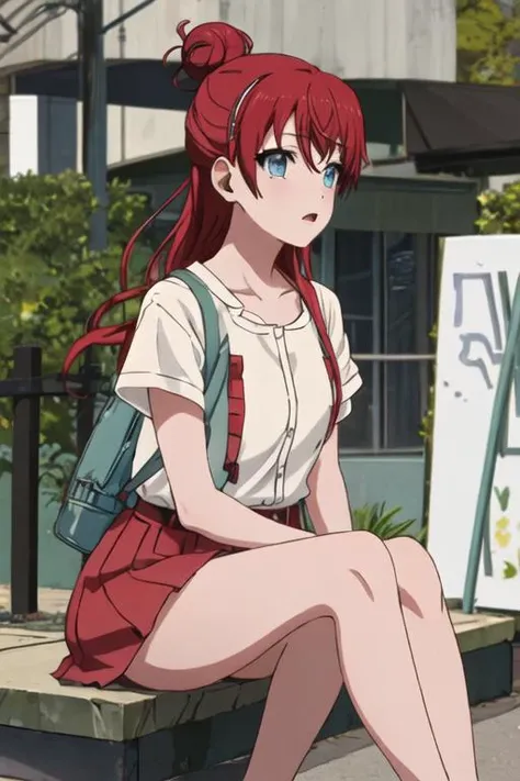 best quality, masterpiece, highres, solo, {sakaki_shizuka_shirobako:1.15}, red_hair, long_hair, single_hair_bun, blue_eyes, hair_bun