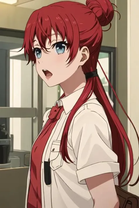 best quality, masterpiece, highres, solo, {sakaki_shizuka_shirobako:1.15}, red_hair, long_hair, single_hair_bun, blue_eyes, hair_bun, 1girl, bangs, parody, shirt, open_mouth