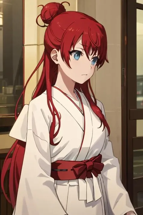 best quality, masterpiece, highres, solo, {white kimono:1.35}, {red hakama:1.35}, {wide sleeves:1.20}, {sakaki_shizuka_shirobako:1.15}, red_hair, long_hair, single_hair_bun, blue_eyes, hair_bun