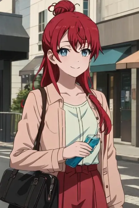 best quality, masterpiece, highres, solo, {sakaki_shizuka_shirobako:1.15}, red_hair, long_hair, single_hair_bun, blue_eyes, hair_bun, 1girl, anime_coloring, upper_body, smile, bangs