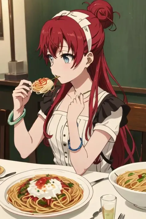 best quality, masterpiece, highres, solo, {sakaki_shizuka_shirobako:1.15}, red_hair, long_hair, single_hair_bun, blue_eyes, hair_bun, 1girl, dress, sitting, bracelet, food, jewelry, plate, table, pasta, spaghetti, eating, fork, hairband