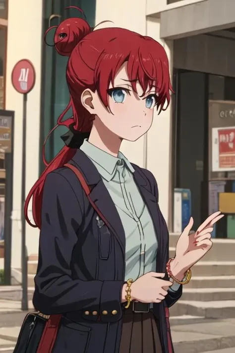 best quality, masterpiece, highres, solo, {sakaki_shizuka_shirobako:1.15}, red_hair, long_hair, single_hair_bun, blue_eyes, hair_bun, 1girl, bag, bow, frown, hair_bow, jacket, looking_at_viewer, bracelet, jewelry, ponytail