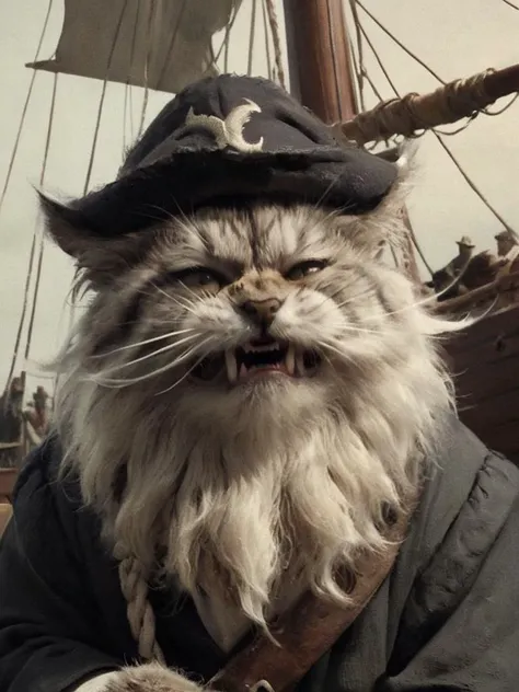 brdanmu, historical depiction of a rugged old [cat|sailor] (feline:0.1) with an epic beard and mustache which is gnarling is disgusted by your landlubber presence, sailing-ship, vintage , deep shadows, cinematic, <lora:- SDXL - brdanmu _beard-mustache _V1:.7>, <lora:SDXL - Expression - sdxl_lora_scrunge-000026:.8>
