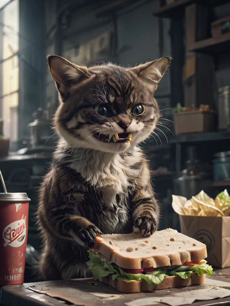 depiction of a (feline:-0.1) which is holding a sandwich is pissed off by your usage of lettuce on the sandwich, car workshop, vintage , deep shadows, cinematic, <lora:SDXL - Character- sdxl_lora_scrunge_v1.1:0.8> <lora:- SDXL - stnerfx _Stoned_Fox_V4.0:0.8>