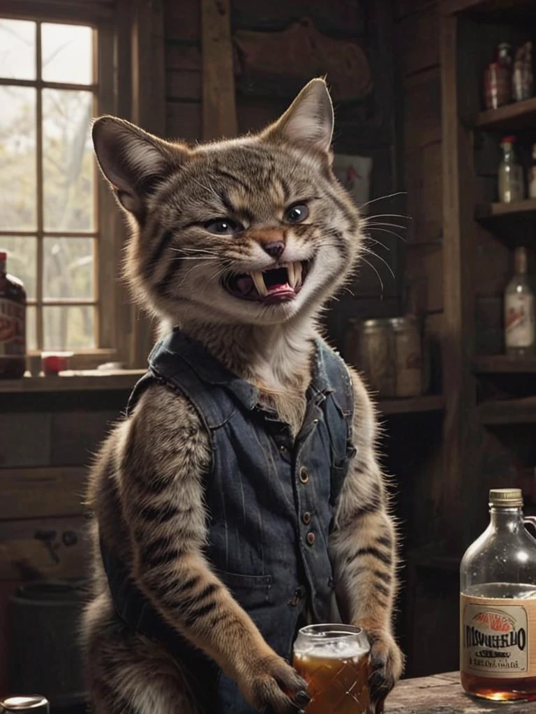 depiction of a (feline:-0.1) redneck hillbilly is pissed of at you for drinking the whole bottle of moonshine, shack, cinematic, deep shadow, <lora:SDXL - Character- sdxl_lora_scrunge_v1.1:0.9> <lora:- SDXL - stnerfx _Stoned_Fox_V4.0:0.5>