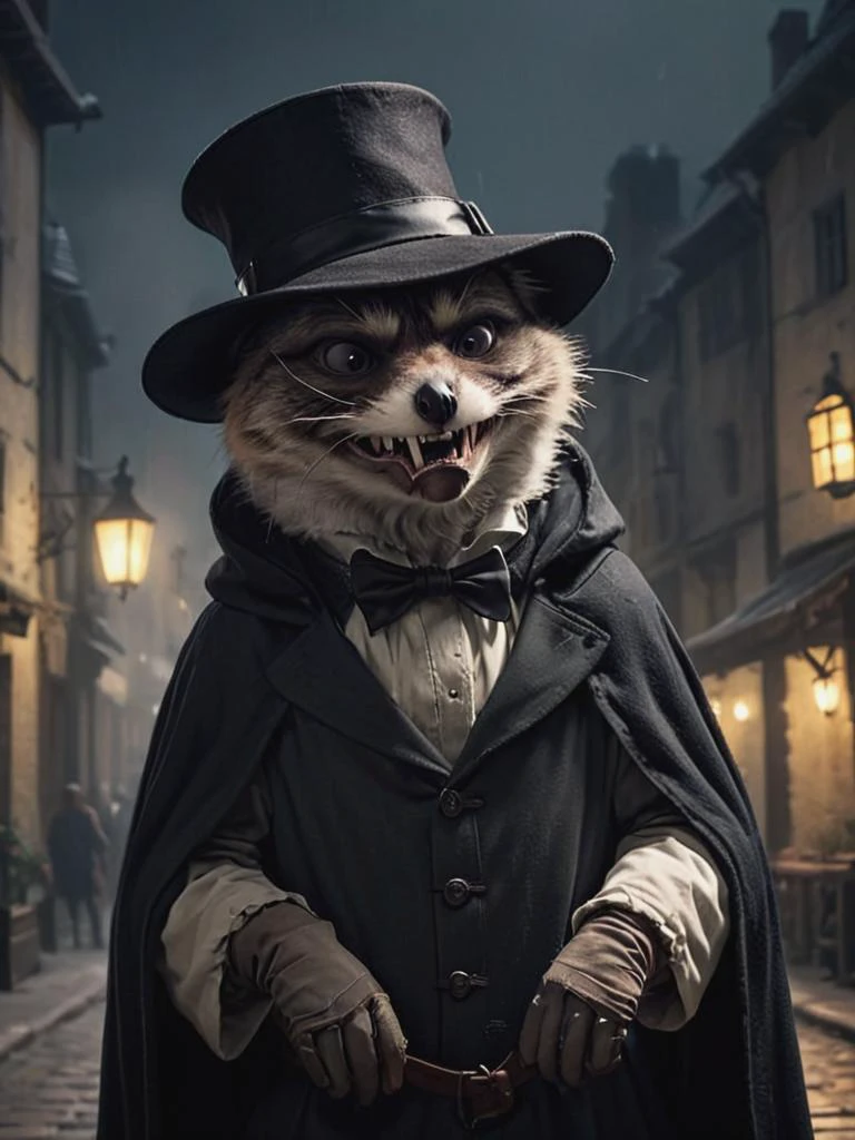 depiction of an angry (feline:-0.1) plague-doctor is pissed of at you because you're sneezing the whole time, old medieval town, cinematic, nighttime, deep shadow, <lora:SDXL - Character- sdxl_lora_scrunge_v1.1:01> <lora:- SDXL - stnerfx _Stoned_Fox_V4.0:0.5>