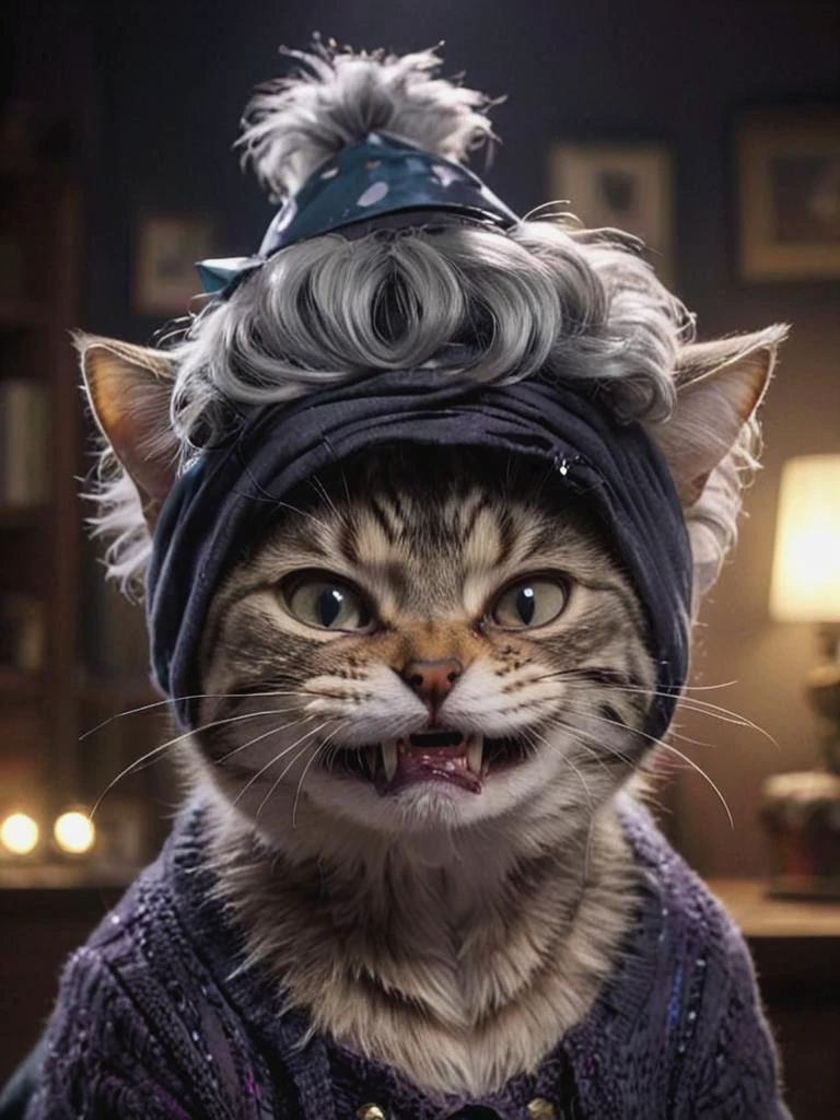 depiction of a old feline cat granny wearing a bad wig is pissed of because you forgot her birthday, inside, ,cinematic, nighttime, deep shadow, <lora:SDXL - Character- sdxl_lora_scrunge_v1.1:.8> <lora:- SDXL - stnerfx _Stoned_Fox_V4.0:0.4>