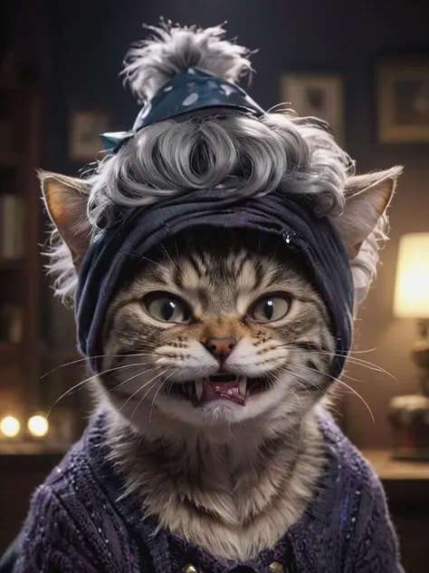 depiction of a old feline cat granny wearing a bad wig is pissed of because you forgot her birthday, inside, ,cinematic, nighttime, deep shadow, <lora:SDXL - Character- sdxl_lora_scrunge_v1.1:.8>  <lora:- SDXL - stnerfx _Stoned_Fox_V4.0:0.4>