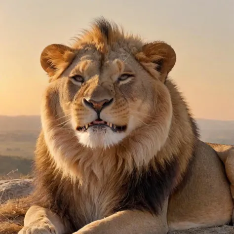 majestic lion (scrunge) resting on a hilltop, golden hour, 8K HD, <lora:sdxl_lora_scrunge-000026:1>