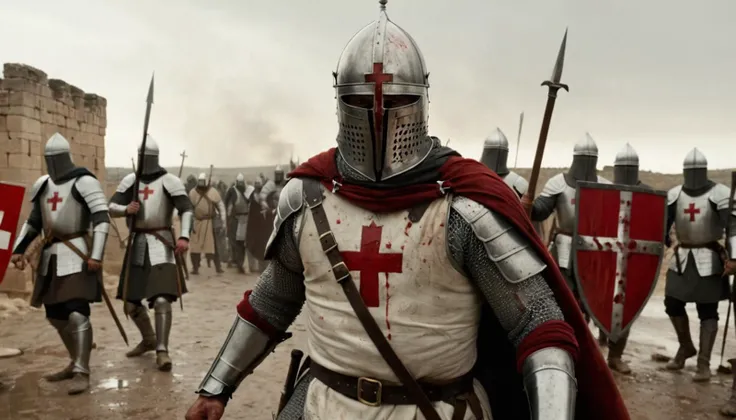 (Cinematic Still Frame), 1300 \(year\), (action scene), crusader of the Knights Templar, solo, anger, steel plate armor, (war), in battle, damaged armor, dents, bloody, Surcoat which depicts the red cross patte, ancient Syrian architecture, Great Crusades, muscular, detailed skin texture, (warrior), natural lighting, mist, overcast, half silhouette, 50mm, F/5.6 lens, ISO 400, (extremely detailed), grim, gritty, Still from Kingdom of Heaven, dynamic angle