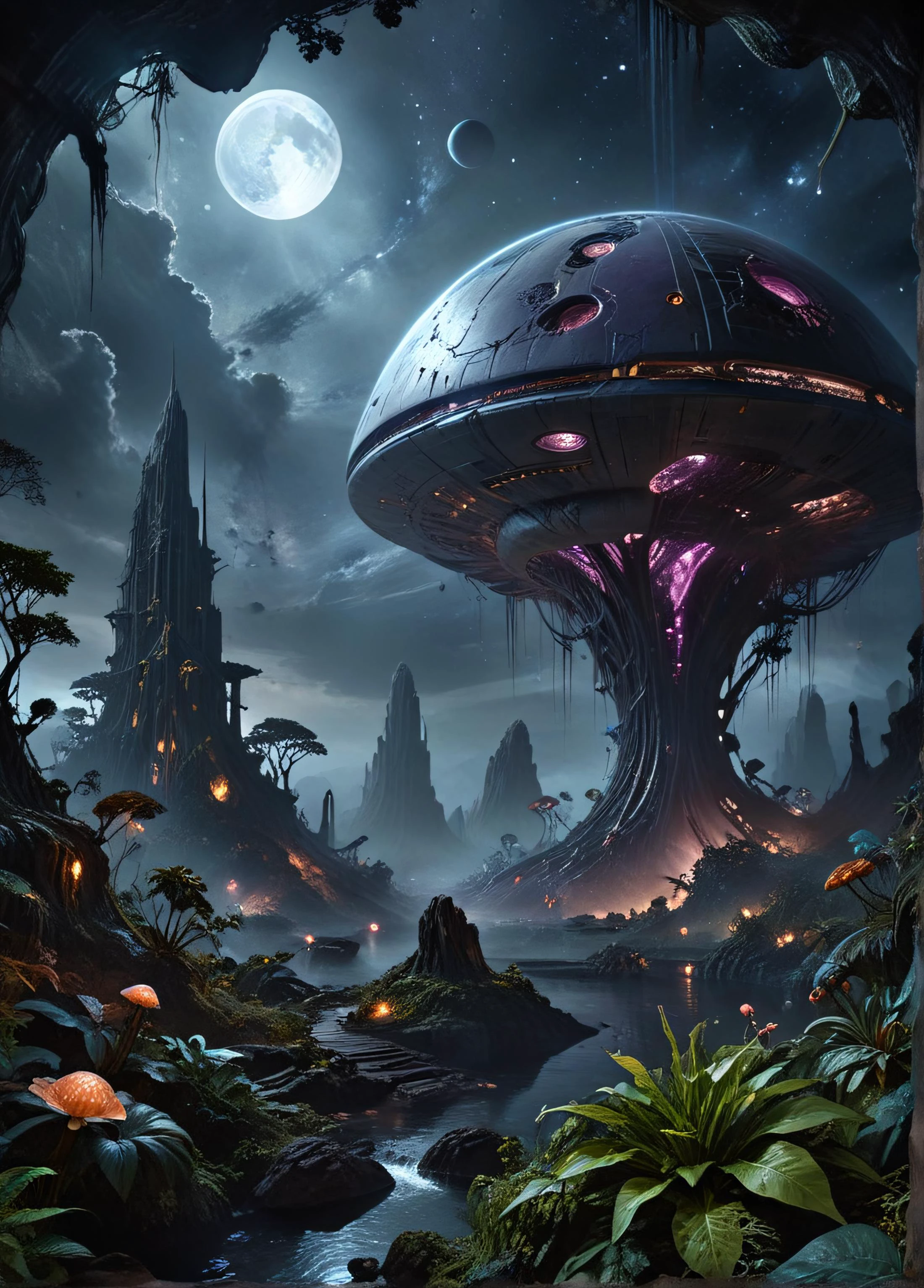 Alien-themed PandoraLnd, dark nebula at night in the background, <lora:Pandora Land XL:0.6>, <lora:DarkGrimFantasyXL:0.4> drkms, futuristic, <lora:SDS_Contrast tool_XL:-1.0>
<lora:sdxl_lightning_8step_lora:1.0> . Extraterrestrial, cosmic, otherworldly, mysterious, sci-fi, highly detailed