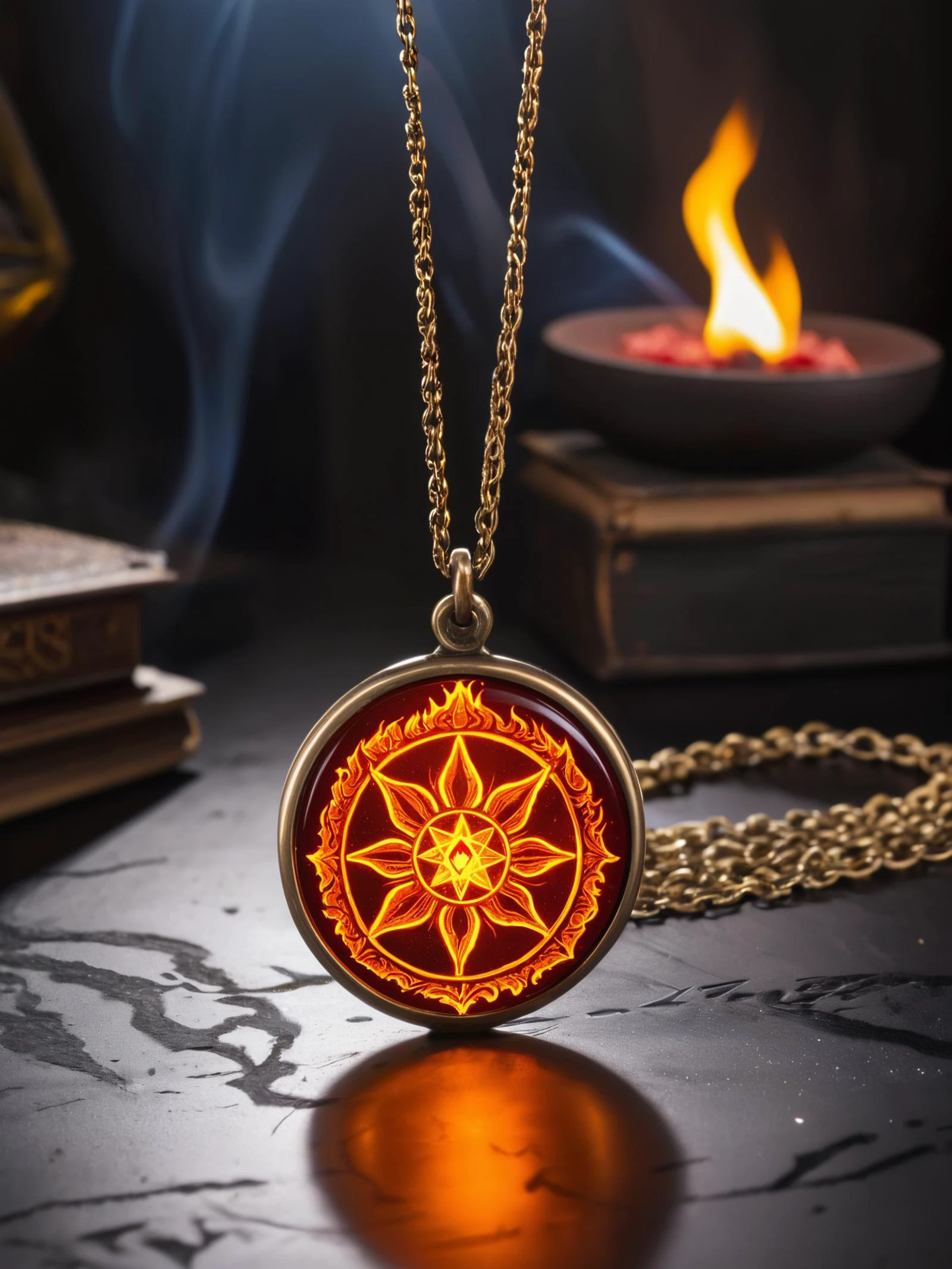 raw photo, close up of engraved amulet of elemental fire emanate liquid fire sparks, chain, magic workshop in background, power of the sun closed in amulet, real flames, lava around