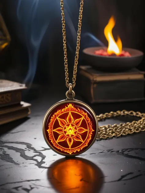 raw photo, close up of engraved amulet of elemental fire emanate liquid fire sparks, chain, magic workshop in background, power of the sun closed in amulet, real flames, lava around