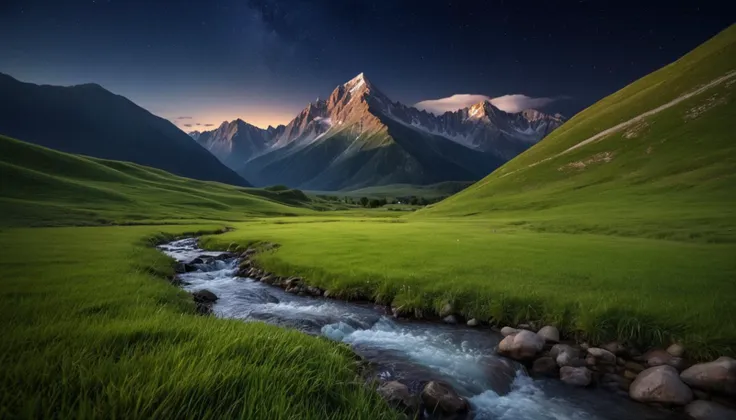 mountains and a stream in a valley with a mountain in the background, nature landscape, landscape wallpaper, grass mountain night landscape, beautifully lit landscape, an amazing landscape image, award-winning photo uhd, award winning landscape photo, mountains background