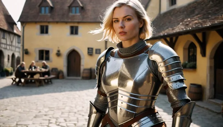 (Cinematic Film Still), European woman, tomboy, solo, short blonde hair, serious expression, skimpy medieval steel plate armor, in front of a pub in a medieval village, athletic physique, highly detailed skin, crepuscular rays, shadows, crisp image, medium depth of field, natural lighting, [reflective armor], 50mm, F/4 prime lens, (extremely detailed), film grain, Kodak Portra 400, soft focus, medieval fashion photography, full body