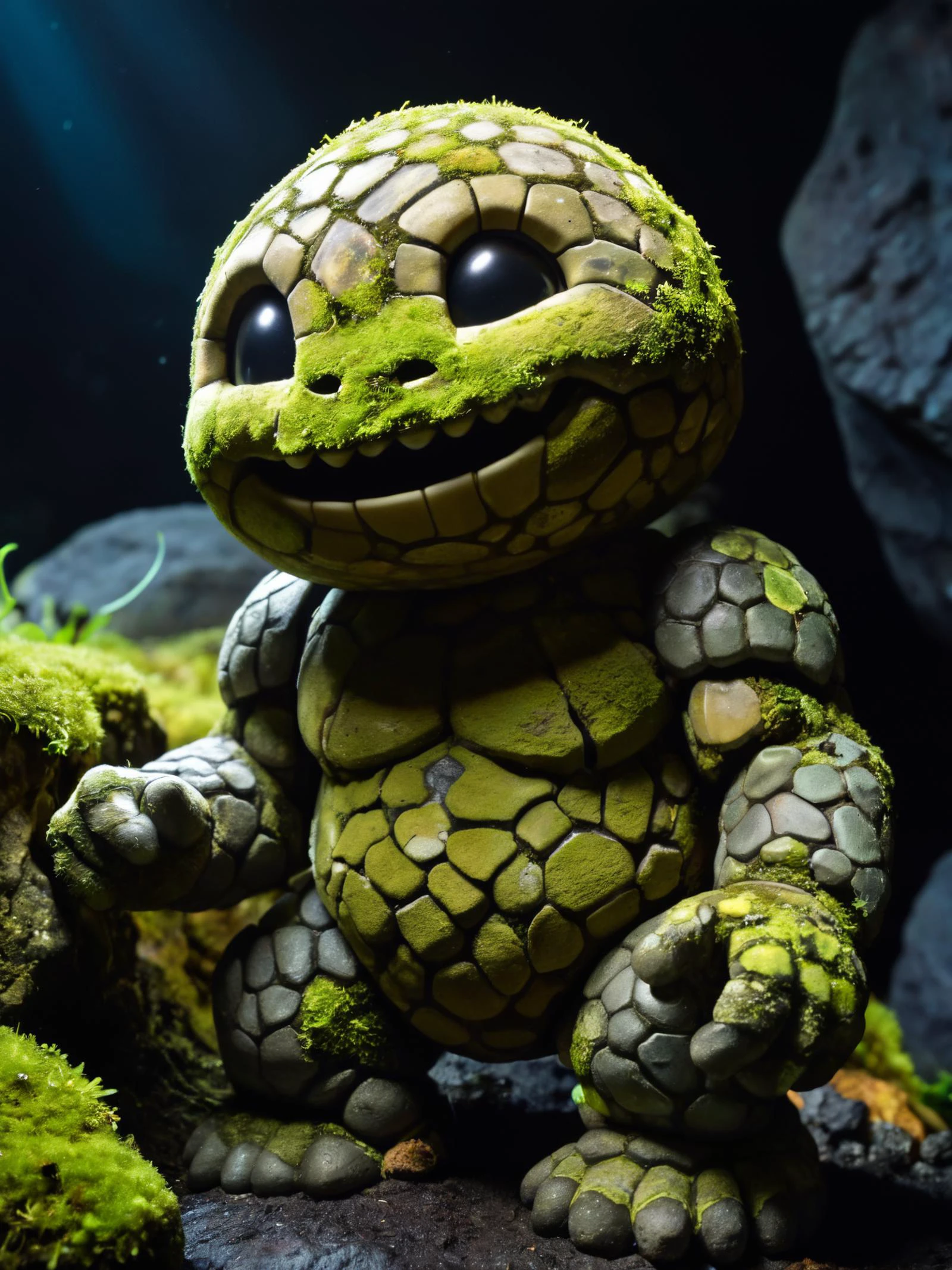 raw photo, best quality, 4K, cute rocky earth creature, deep underground, adorable, smiling, cute pose, glowing in dark scales, little stone golem, moss, earth magic, dark surroundings