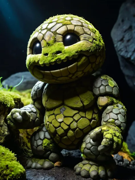 raw photo, best quality, 4K, cute rocky earth creature, deep underground, adorable, smiling, cute pose, glowing in dark scales, little stone golem, moss, earth magic, dark surroundings