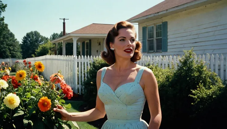 Cinematic Film Still, Movie Still, 1950s \(year\) America, A stunningly beautiful 1950s American housewife, gardening, dirty, vibrant flowers, garden, natural lighting, clear skies, white fence, wholesome, wearing summer dress, pale skin, detailed facial features, candid, dynamic angle, 
(extremely detailed), detailed skin texture, [imperfect skin], 35mm, film grain, photographed on a Canon AE-1, Lomography XPRO 200 film, grainy, United States