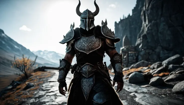 Cinematic Film Still, (Movie Still) from Skyrim, The Dragonborn, walking towards Camera, solo, muscular, dark fantasy \(setting\), wearing full ornate ebony armor, helmet, male, dramatic lighting, cinematic contrast, backlighting, ray tracing, extremely detailed, shallow depth of field, hyperrealistic, HDR, 8k, Unreal Engine 5, [Norse|Viking], film grain